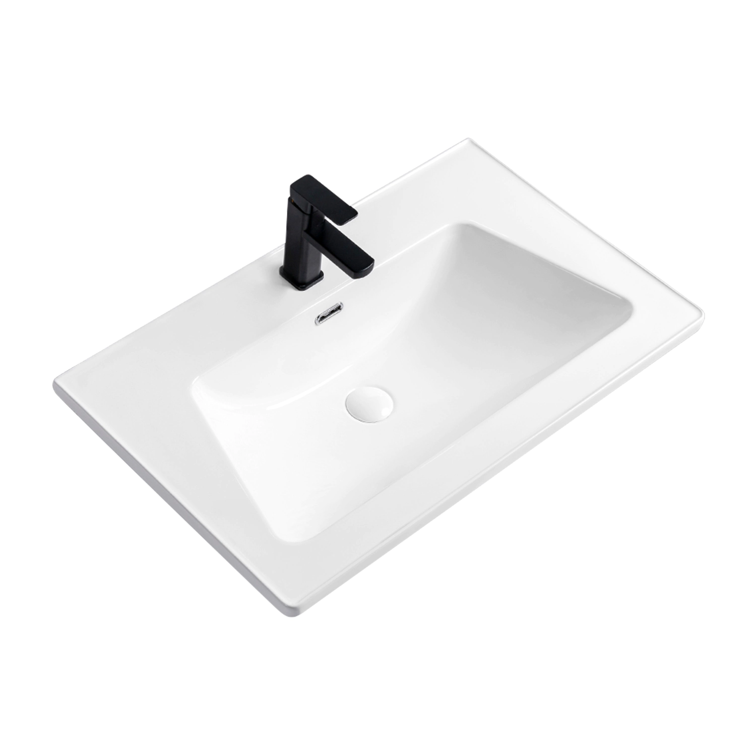31英寸长方形浴室白色陶瓷洗手盆，80厘米长陶瓷中边盆，自带溢水口和 